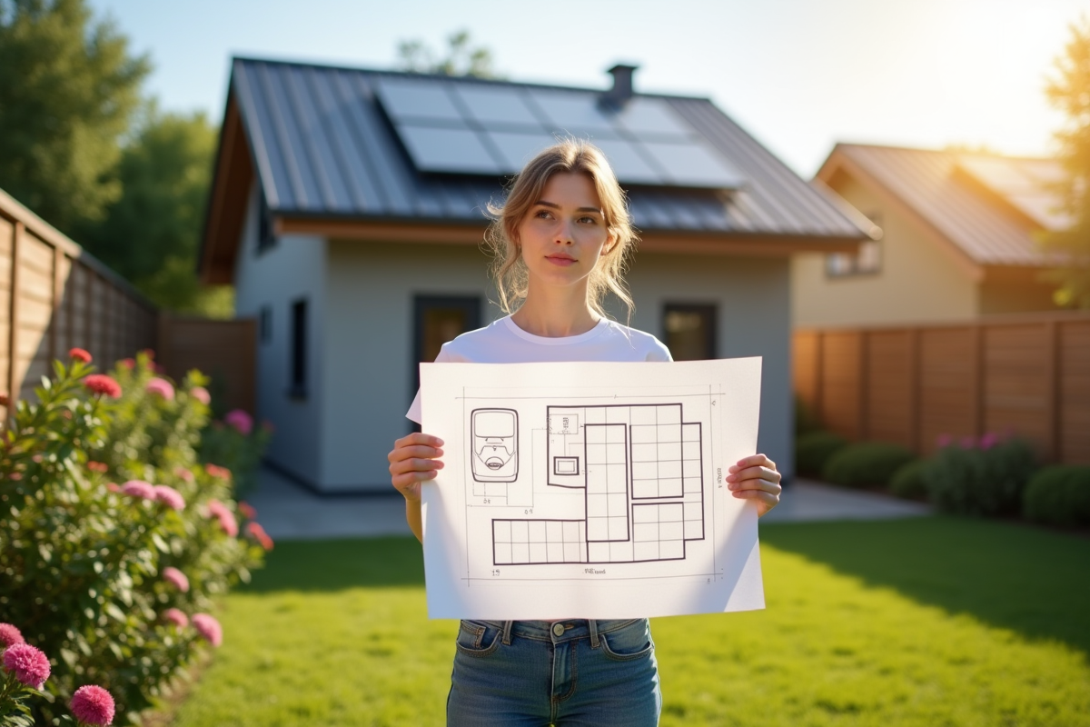 Jeune femme regardant un plan solaire dans le jardin