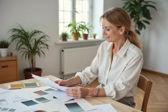 Femme planifiant l'aménagement de sa maison avec des échantillons de tissu et des plans de décoration intérieure sur une table en bois