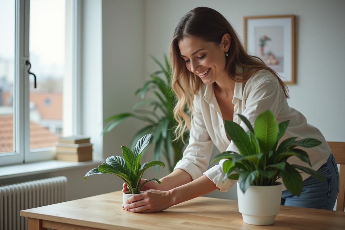 Femme souriante avec plante verte dans un appartement