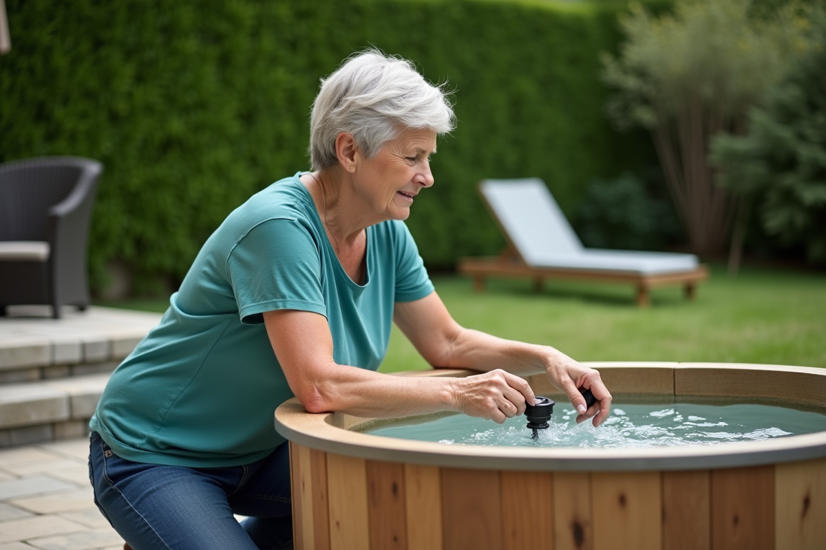 Femme en jeans et t-shirt vert ouvre le drain d'une baignoire en bois dans le jardin