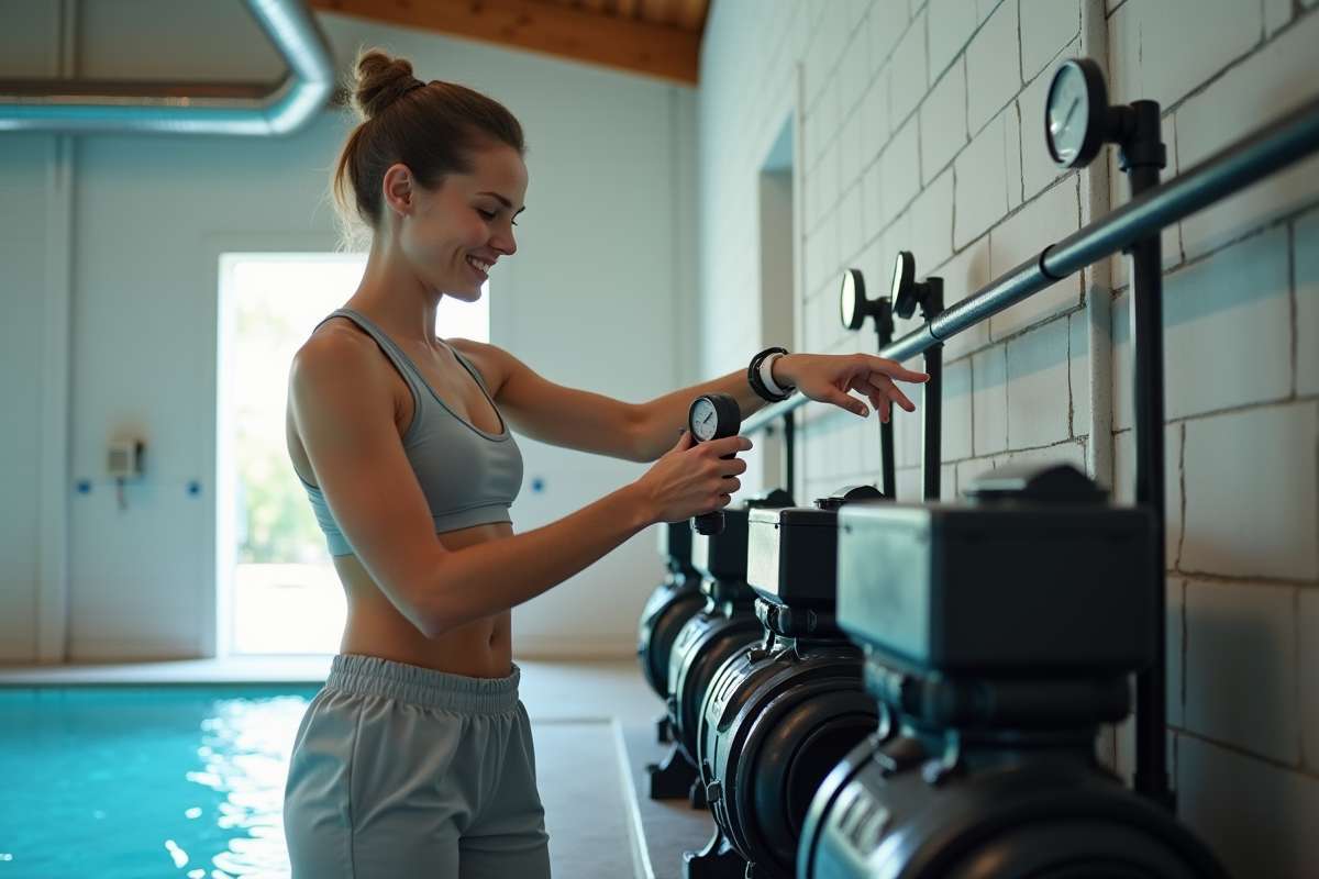 Femme souriante vérifiant la pression de la pompe dans la salle technique