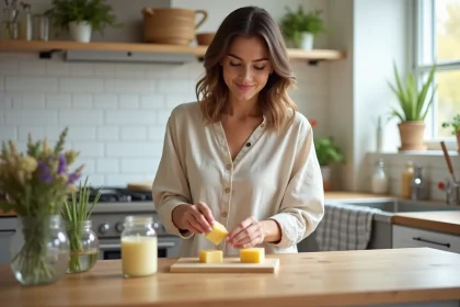Femme versant savon fondu dans des moules en silicone dans une cuisine lumineuse