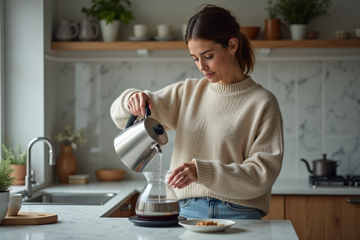 Femme verser de l'eau chaude dans une théière dans la cuisine