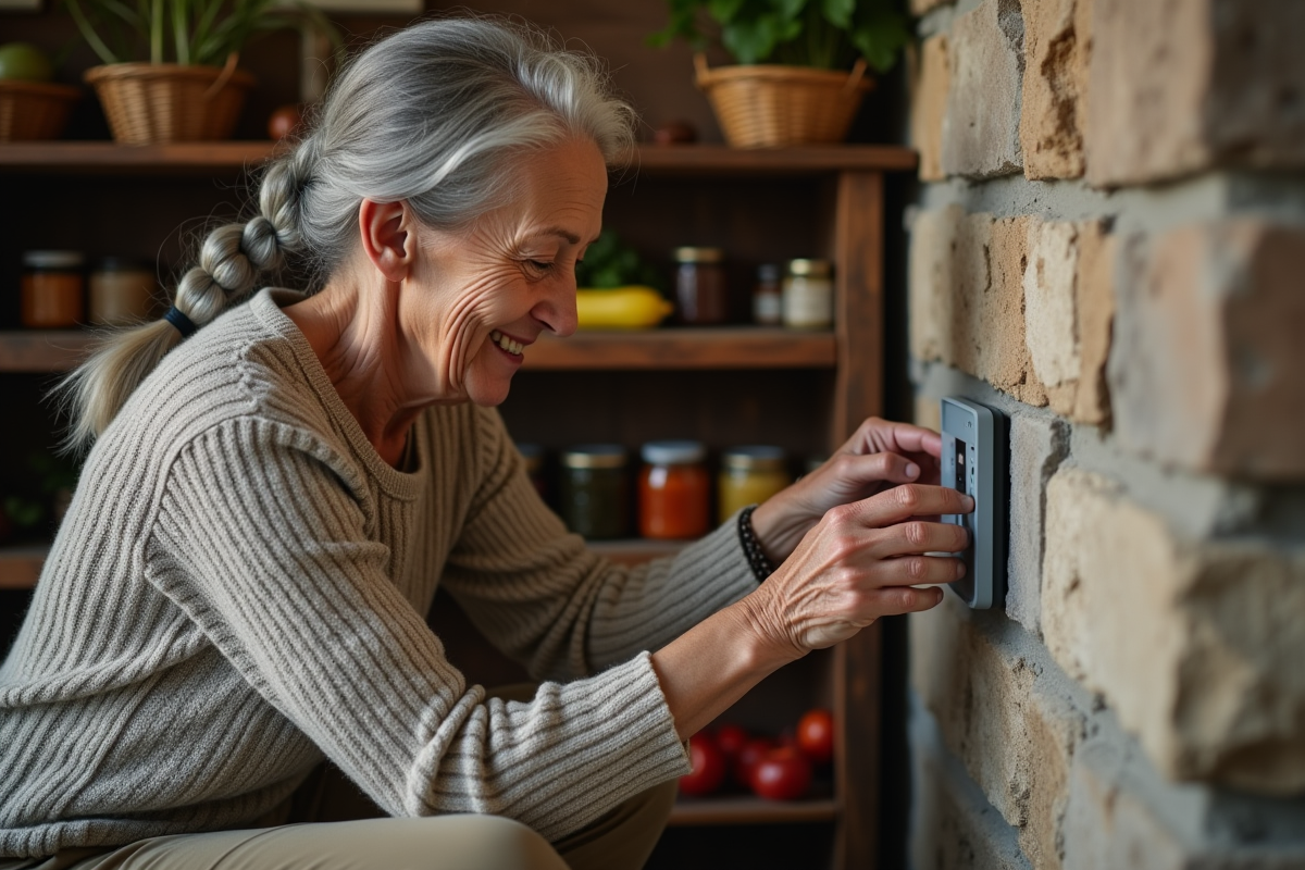 Femme ajustant un panneau de contrôle énergétique dans une cuisine rustique