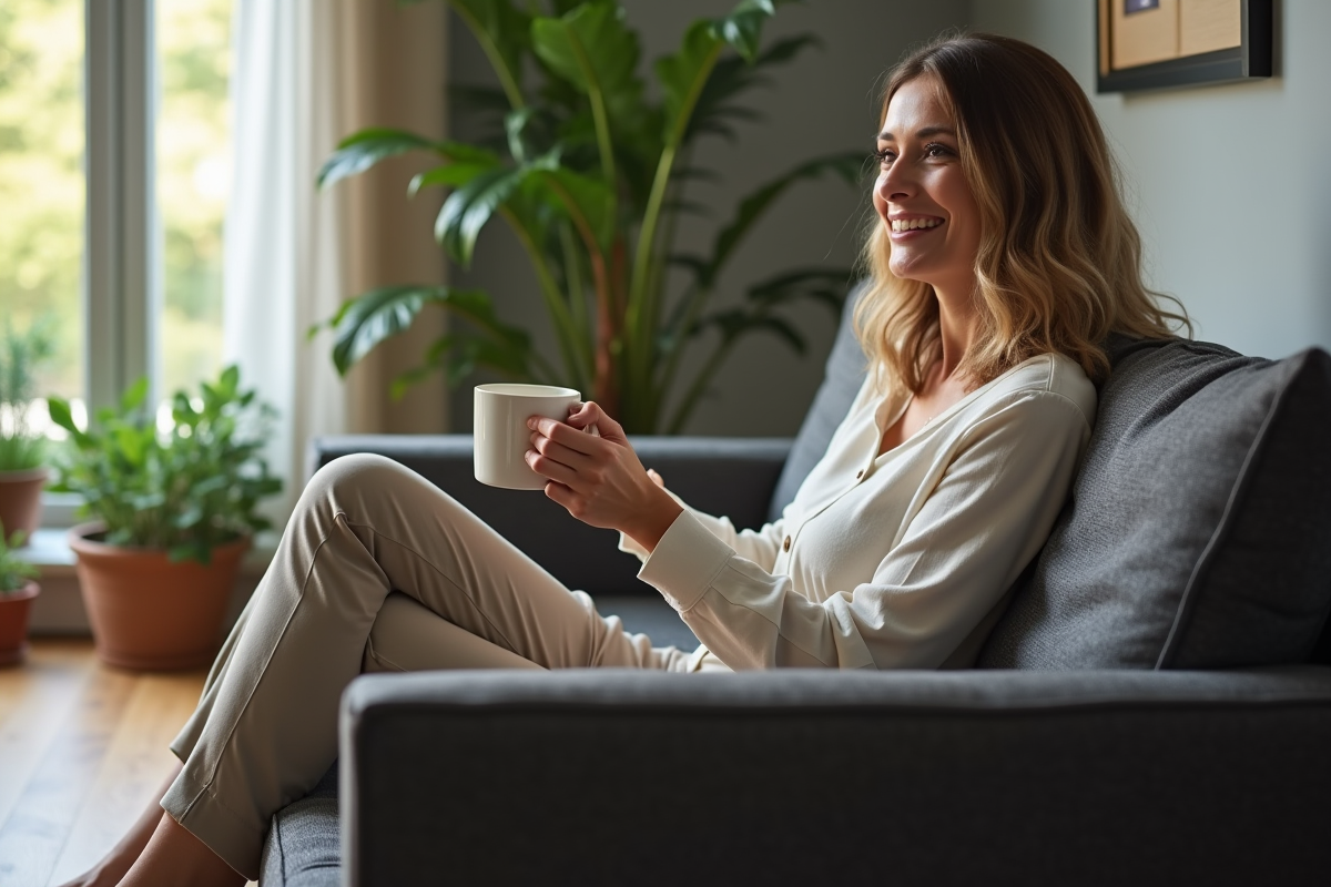 Femme d'âge moyen souriante dans un salon moderne