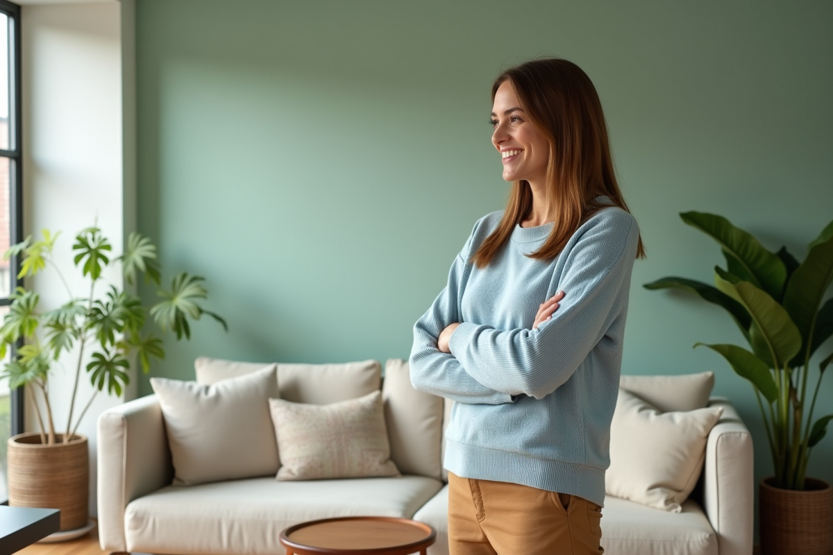 Femme souriante dans un salon vert pastel lumineux