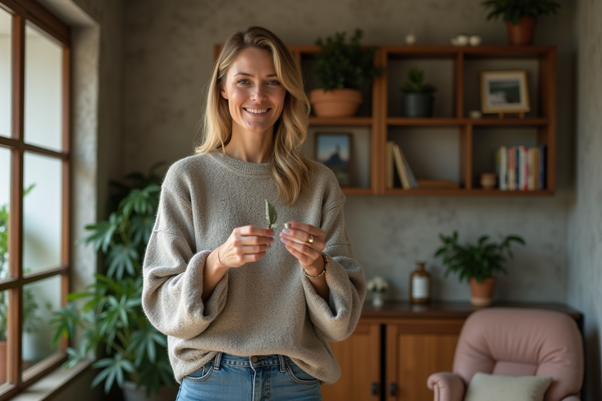 Femme d'âge moyen saupoudrant de la sauge dans un salon chaleureux