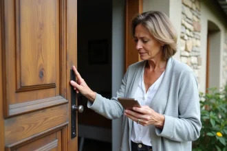 Femme examinant une serrure forcée sur une porte d'entrée pour déclarer un cambriolage à son assurance habitation MACIF