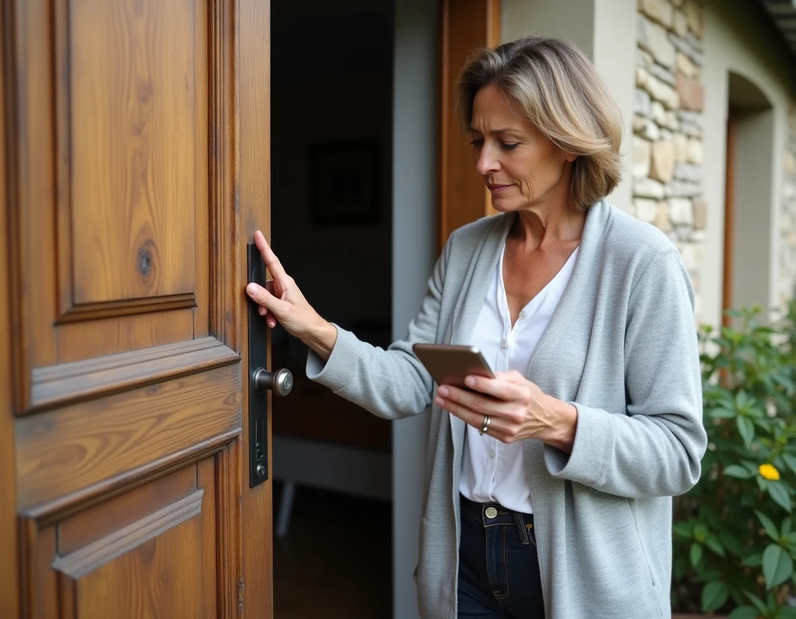 Femme examinant une serrure forcée sur une porte d'entrée pour déclarer un cambriolage à son assurance habitation MACIF
