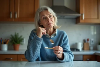 Femme contemplant un ustensile en argent et une brosse à dents