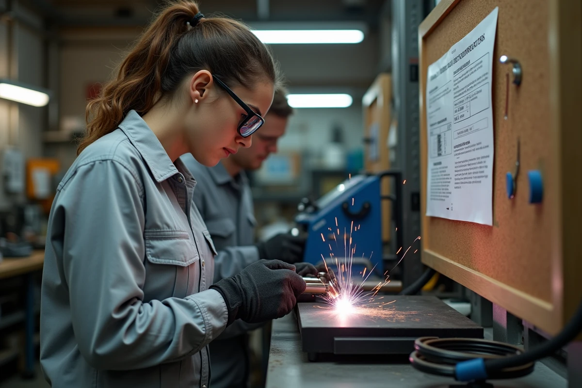 Femme utilisant une soudeuse MIG avec un fil fourré Parkside dans un atelier professionnel et consultant une fiche de compatibilité
