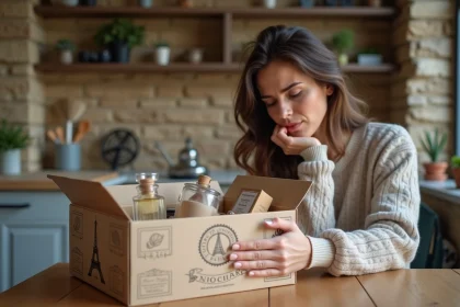 Femme ouvrant une box parisienne avec curiosite