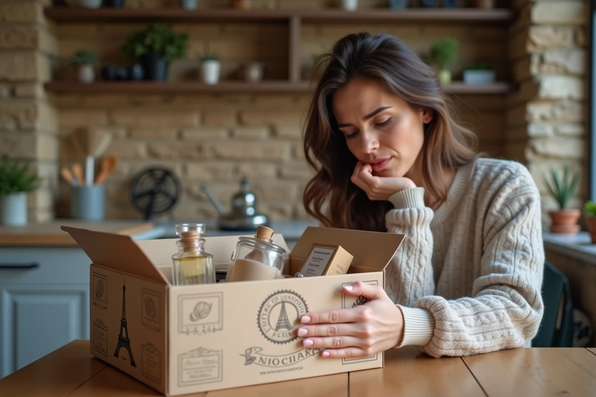 Femme ouvrant une box parisienne avec curiosite