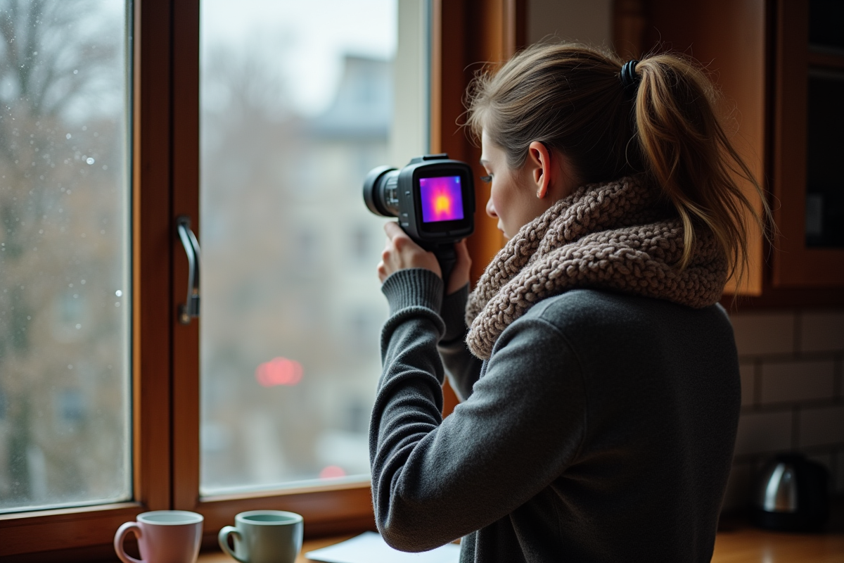 Jeune femme utilisant une camera thermique sur une fenêtre ancienne