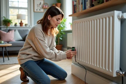 Femme branchant un thermostat intelligent sur un radiateur