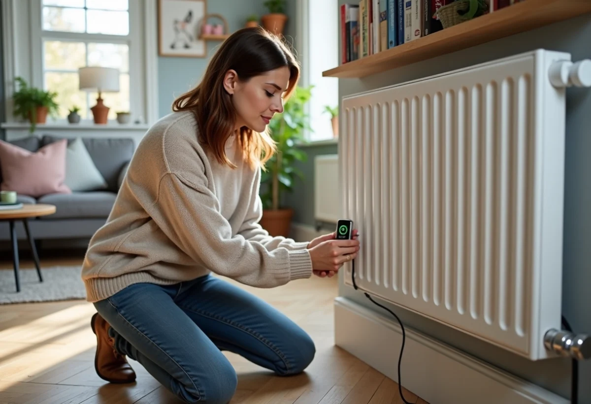 Femme branchant un thermostat intelligent sur un radiateur