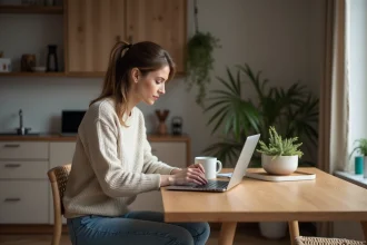 Femme travaillant sur son ordinateur dans un intérieur cosy