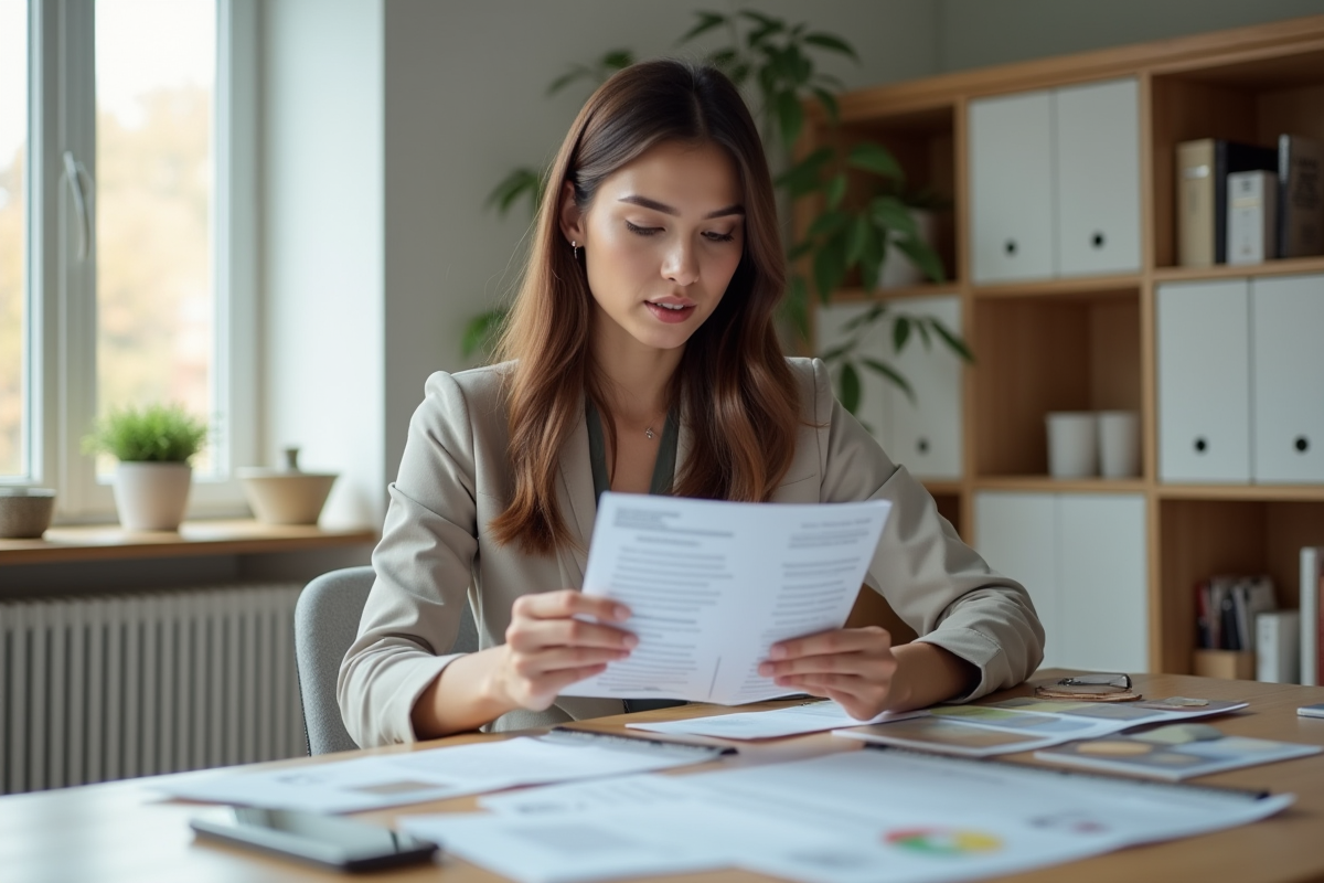 Jeune femme analysant factures de renovation dans son bureau