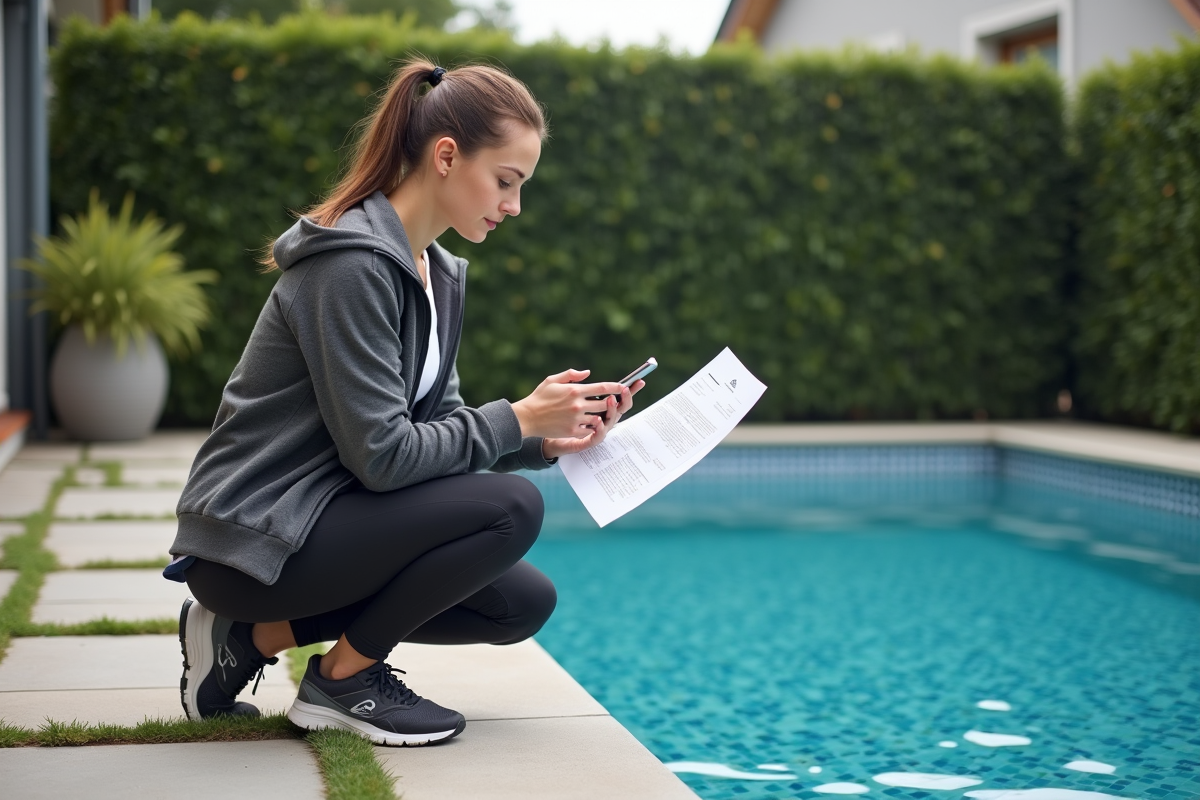 Jeune femme vérifiant facture au bord de la piscine