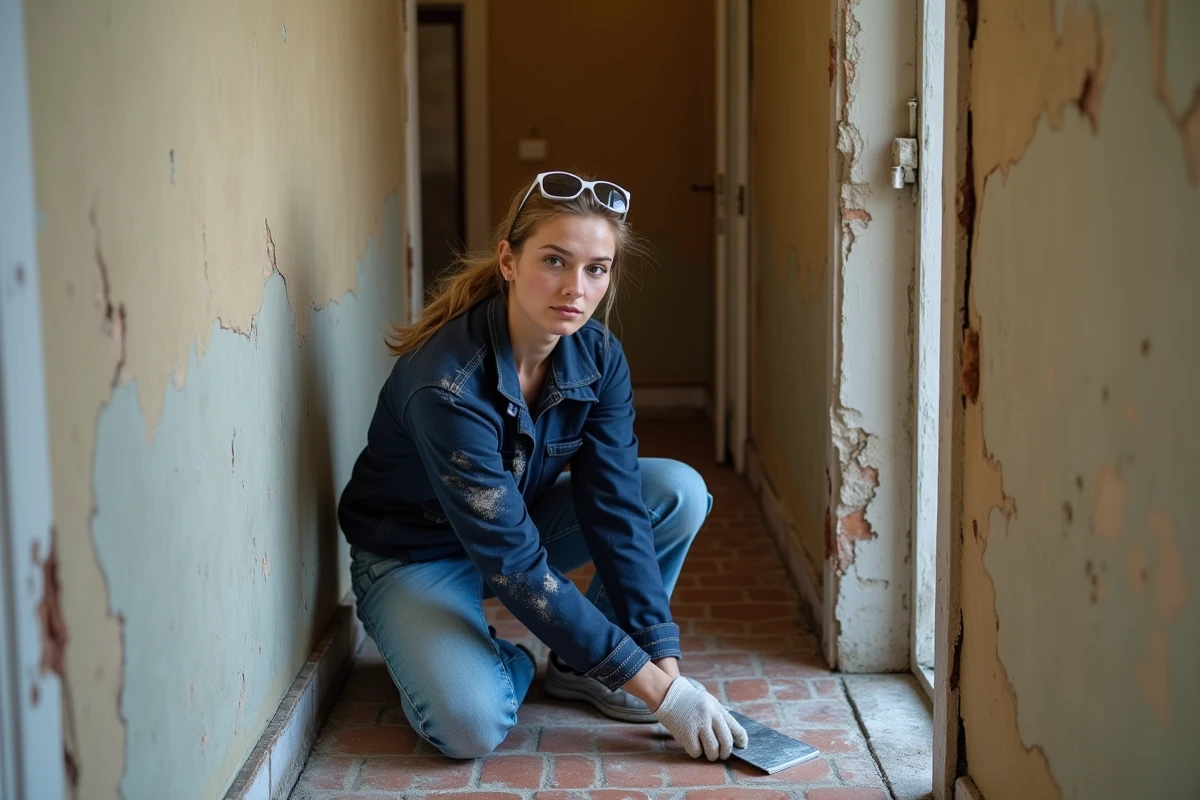 Technicienne appliquant du mortier pour combler l'espace entre un nouveau chambranle de porte et un mur irrégulier dans un couloir d'immeuble ancien