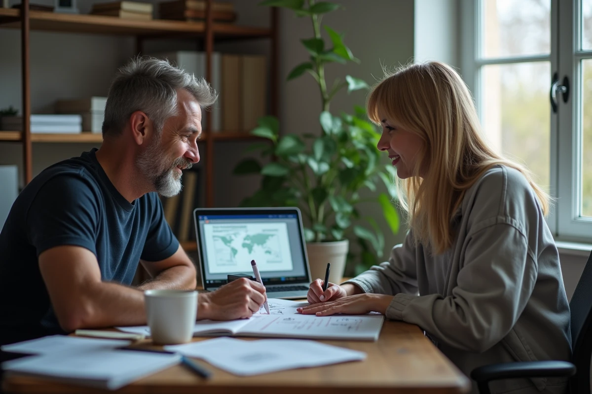 Deux professionnels adultes en formation agile en distanciel sur leurs ordinateurs portables dans un bureau à domicile