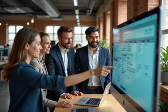 Équipe de professionnels en formation agile autour d'un écran avec interface Kanban dans un bureau moderne