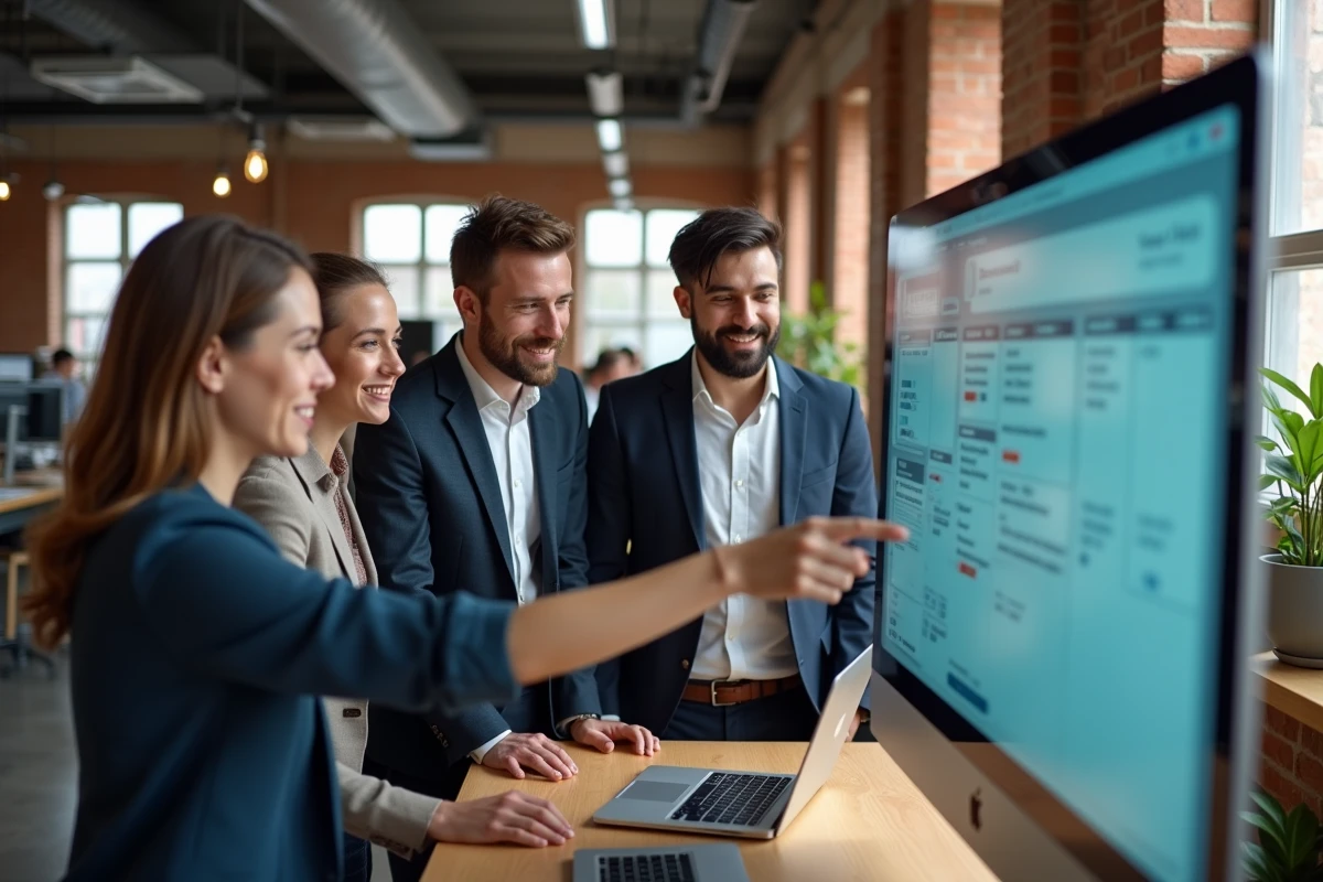 Équipe de professionnels en formation agile autour d'un écran avec interface Kanban dans un bureau moderne