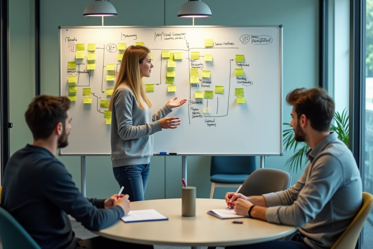 Femme formatrice expliquant une méthode agile sur un tableau blanc avec des post-its dans une salle de réunion