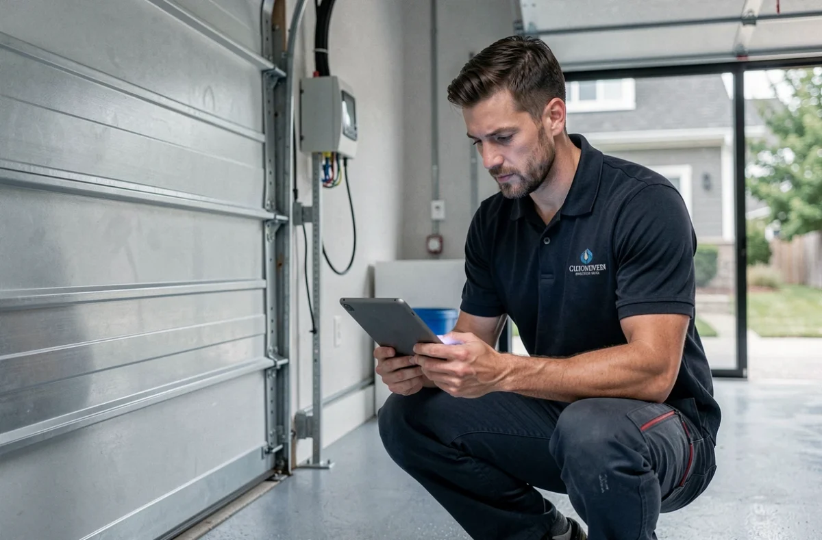 Technicien de France Automatismes programmant un système de motorisation de porte de garage dans une maison moderne