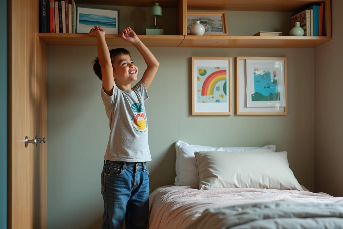 Gar&ccedil;on de 9 ans r&eacute;organisant ses livres dans une chambre moderne