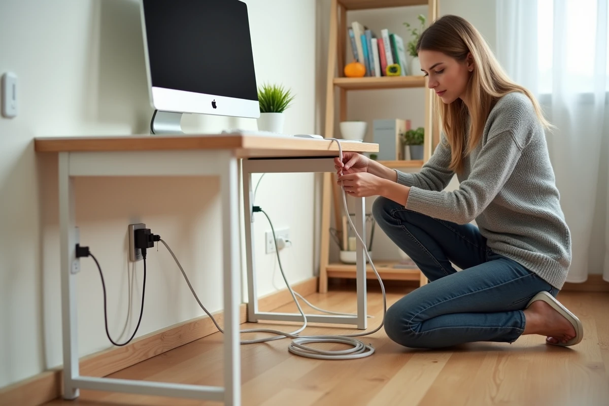 Femme installant une goulotte blanche pour protéger les câbles électriques dans un bureau à domicile bien organisé