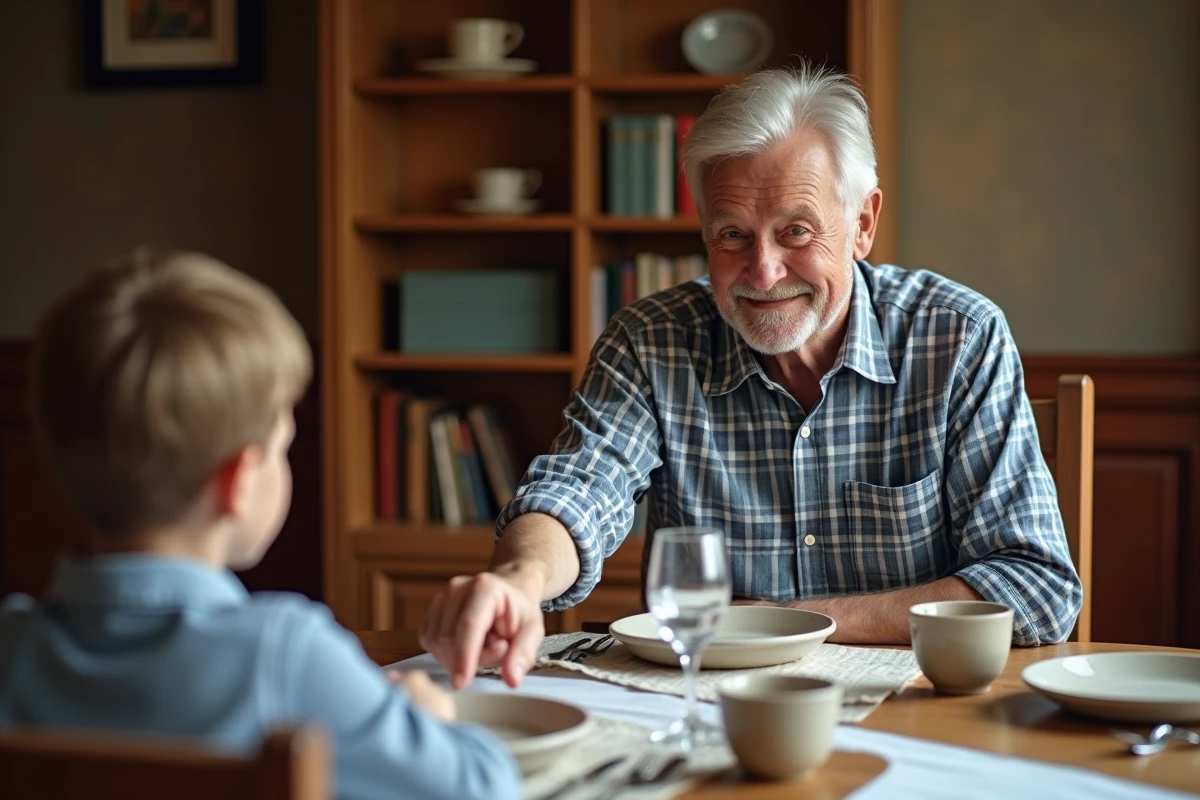 Grand-père expliquant à son petit-fils le bon positionnement du verre sur une table dressée pour le repas