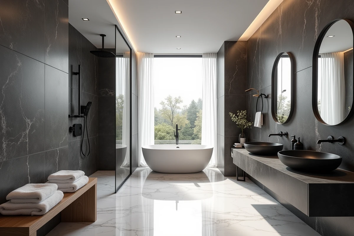 Grande salle de bain luxueuse de plus de 12m² avec douche à effet pluie, baignoire et marbre