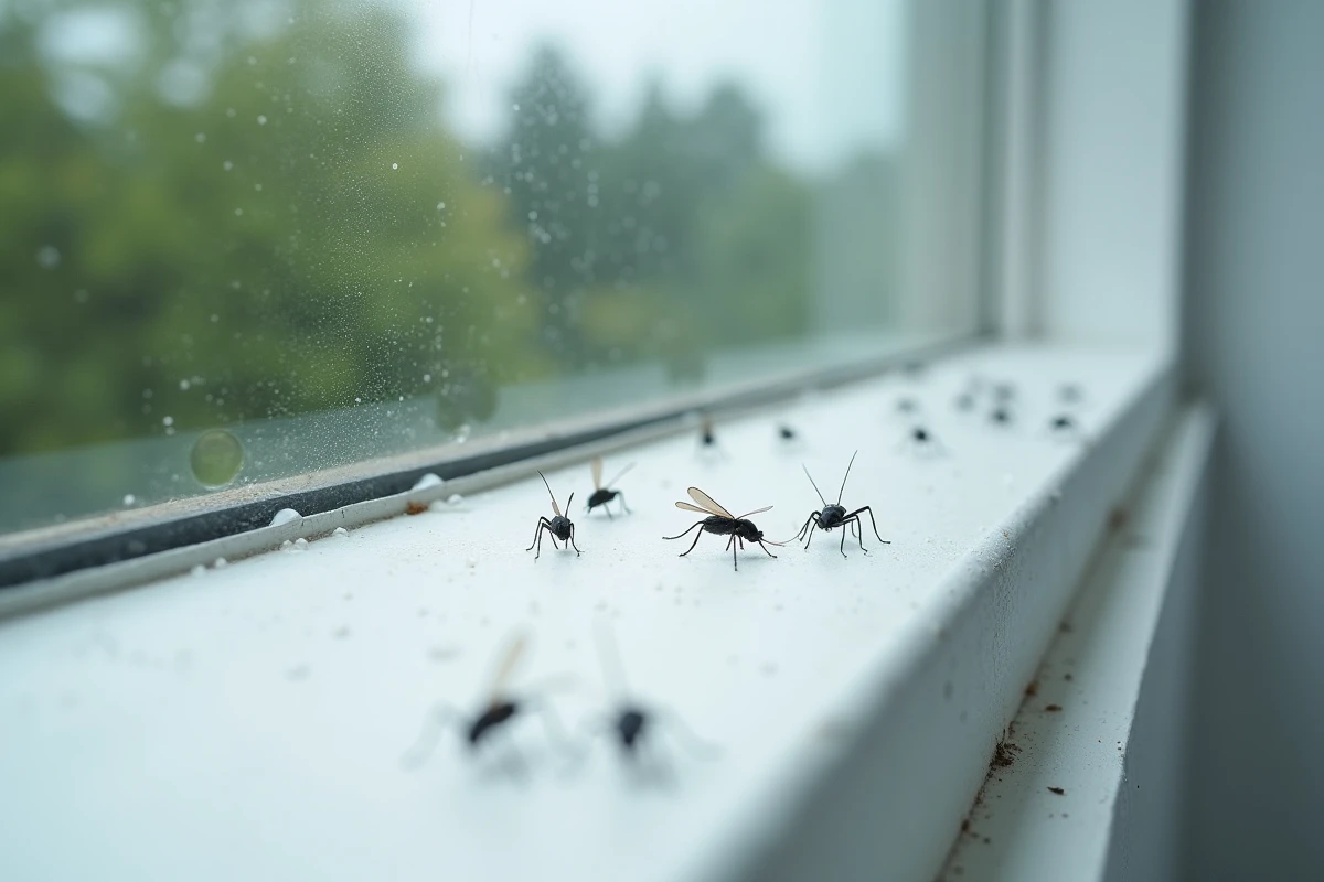 Gros plan de petites bêtes noires sur un rebord de fenêtre blanc avec condensation et vue floue sur l'extérieur
