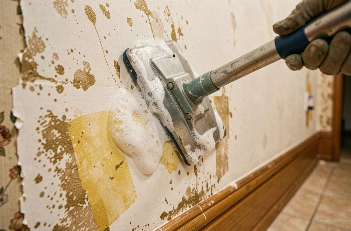 Gros plan sur le lessivage d'un mur intérieur très sale avec un applicateur à plat avant peinture