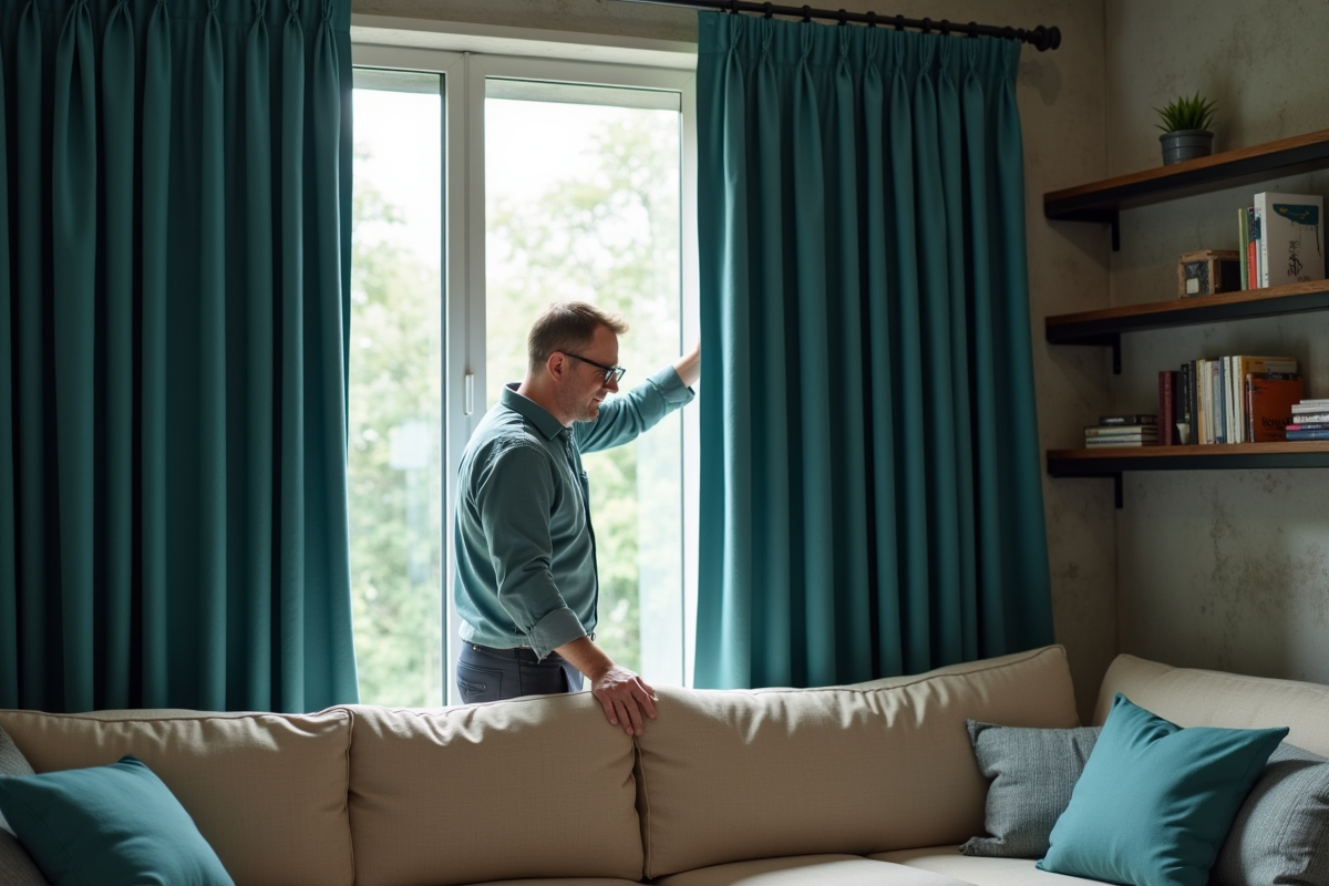 Homme ajuste rideaux teal dans un appartement moderne
