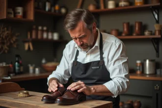 Homme appliquant teinture sur des chaussures en cuir