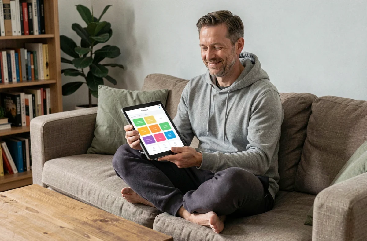 Homme consultant une application de gestion domestique sur tablette dans un salon bien rangé