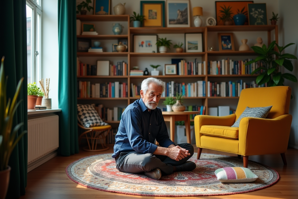 Homme âgé arrangeant des coussins sur un fauteuil dans un intérieur cosy