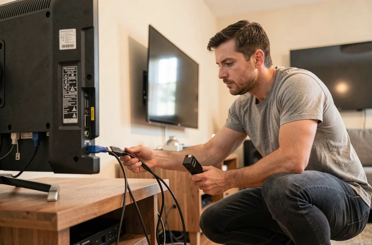 Homme branchant un câble HDMI à l'arrière d'un téléviseur avec un splitter HDMI dans la main dans un salon moderne