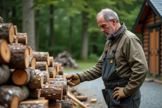 Homme inspectant du bois de chauffage avec moisissure