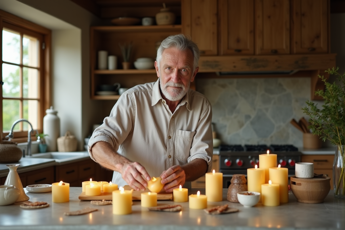Homme arrangeant des bougies en cire d abeille sur un comptoir rustique