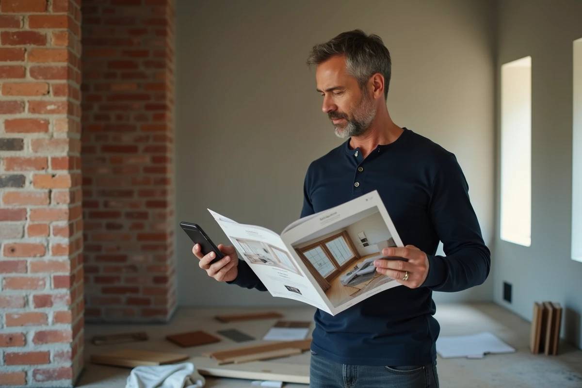 Homme comparant un simulateur de décoration imprimé et une application IA dans un salon en cours de rénovation