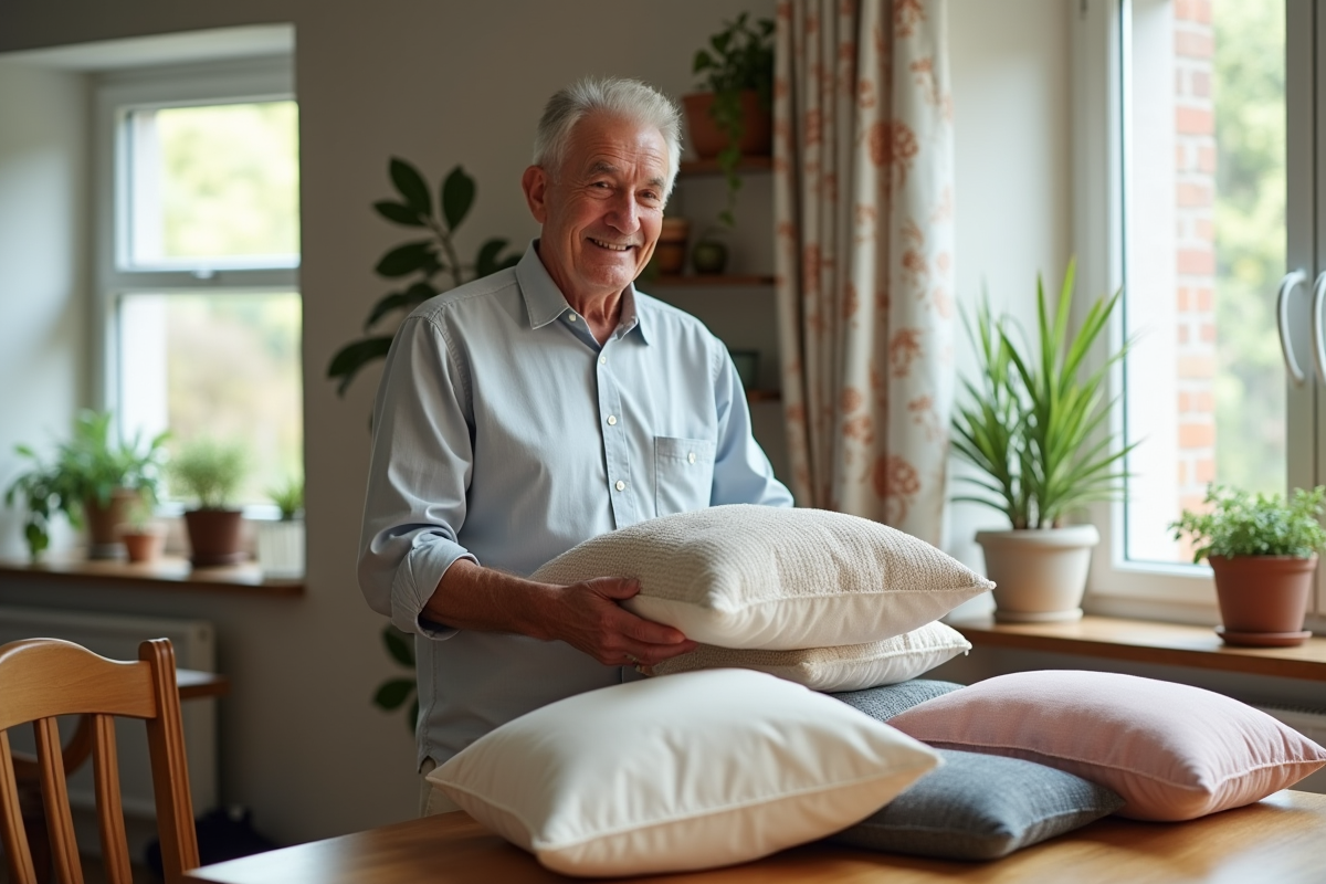 Homme compare deux coussins dans une salle à manger lumineuse