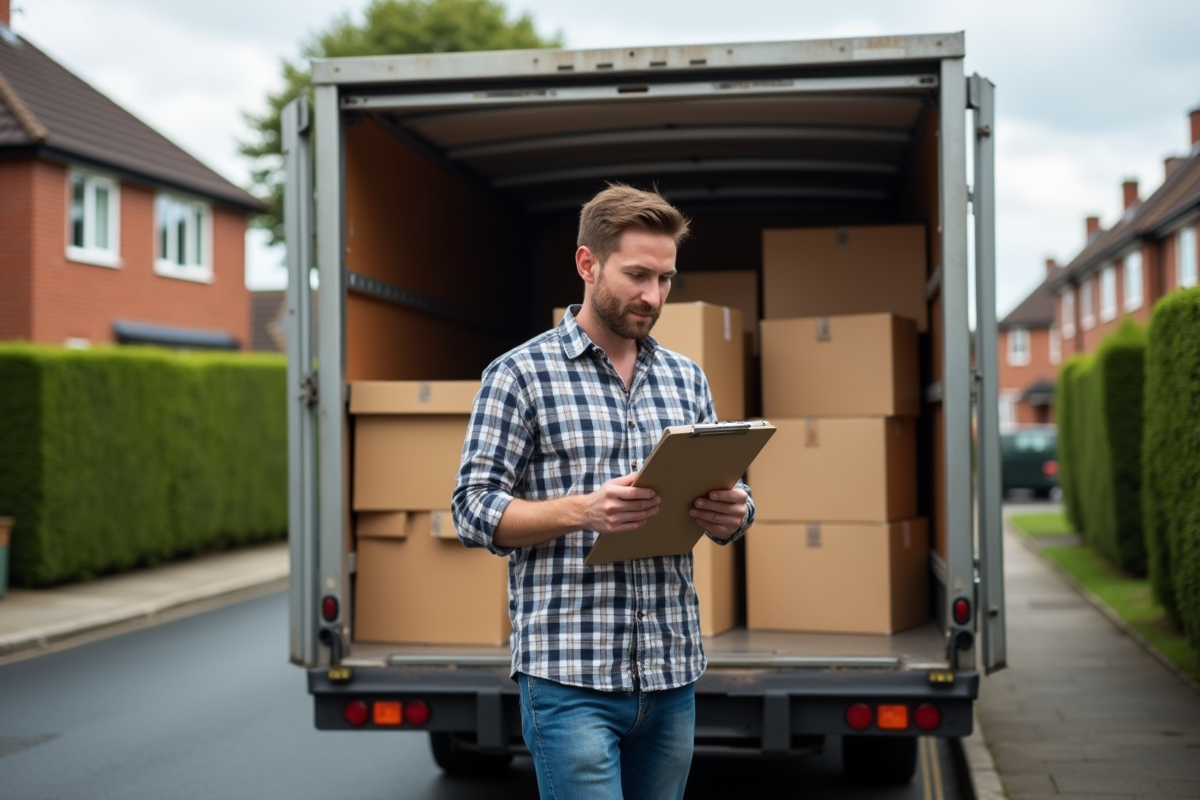 Homme d'âge moyen avec camion de déménagement et boîtes