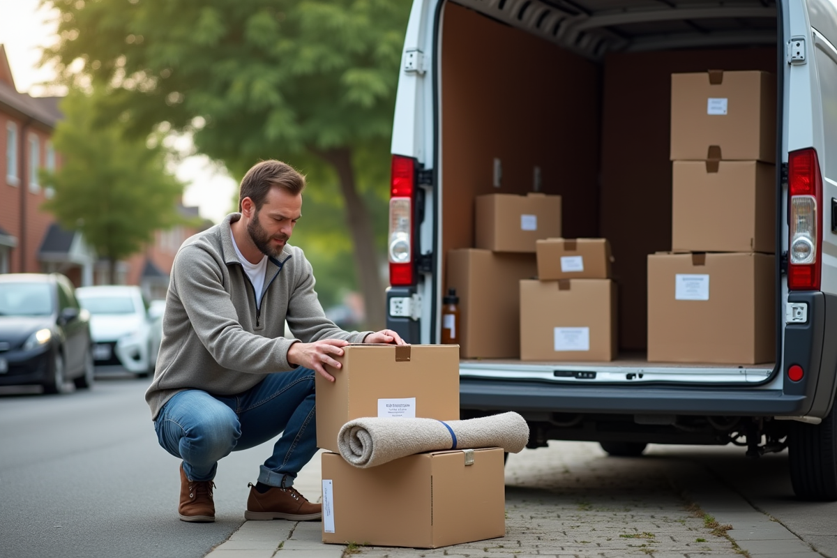 Homme d'âge moyen arrangeant des cartons dans une camionnette