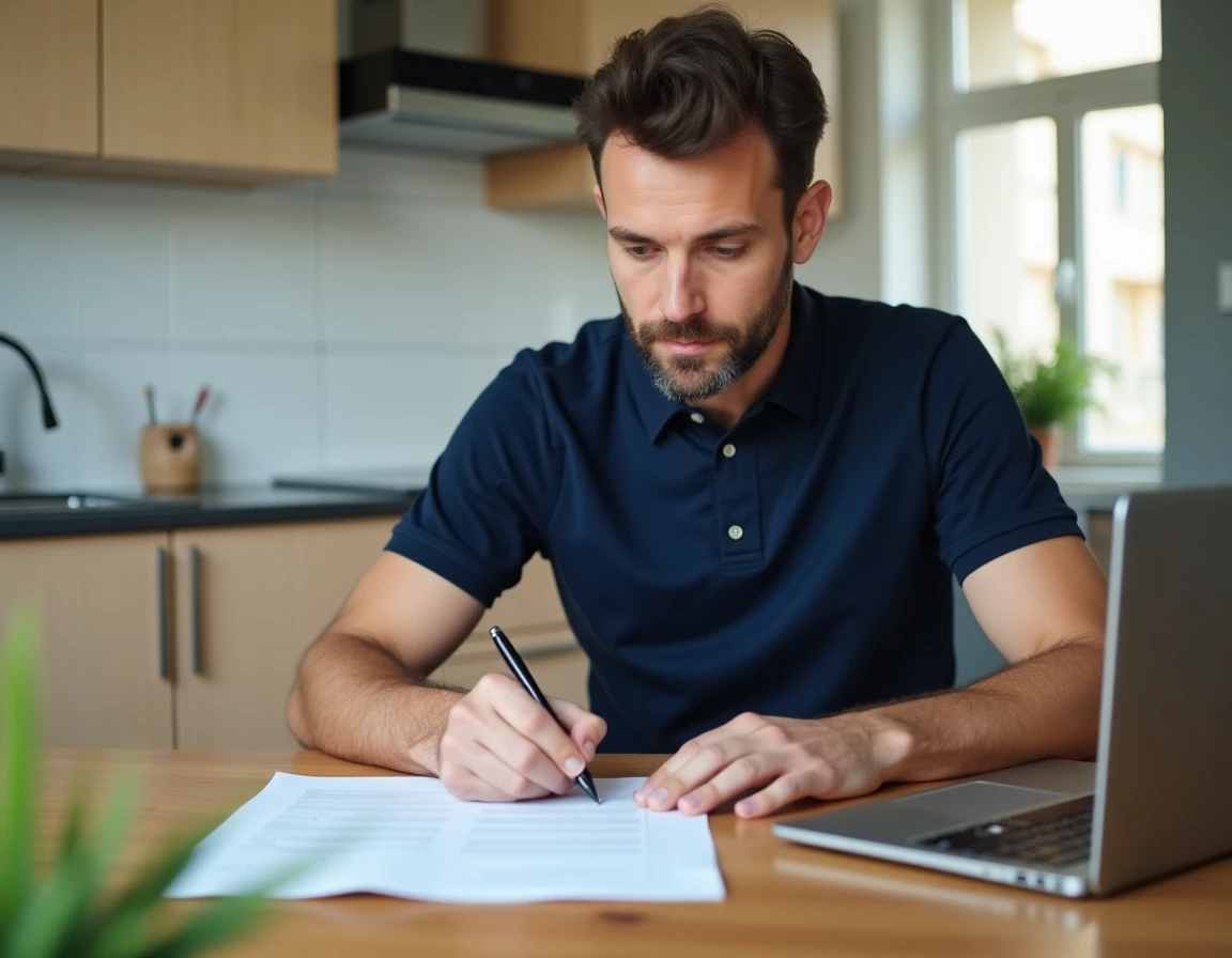 Homme remplissant une déclaration de sinistre vol à son assurance habitation MACIF depuis son domicile