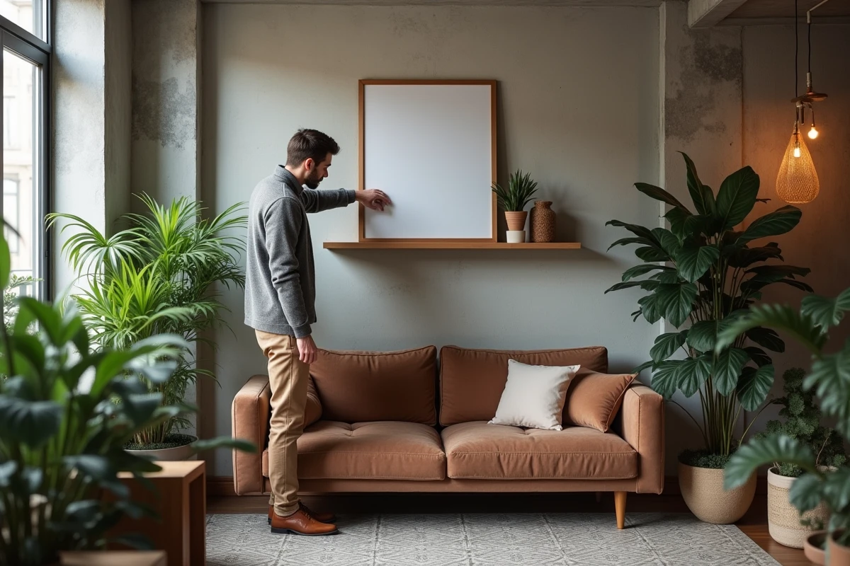 Homme moderne posant une œuvre d