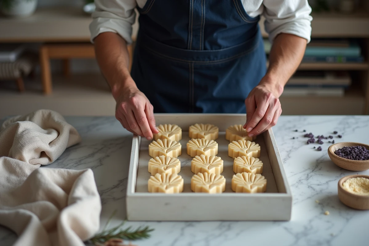 Homme arrangeant des savons en forme de feuilles sur une table en marbre