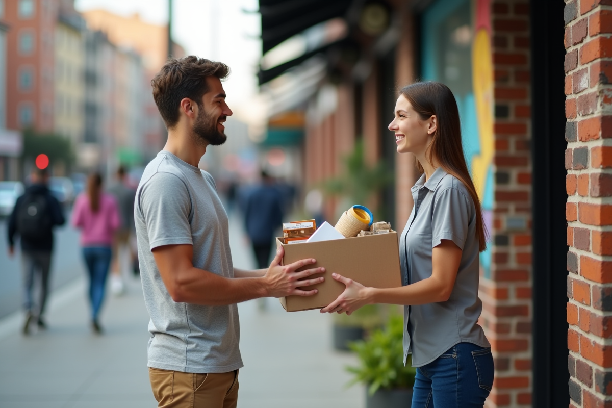 Jeune homme donnant un colis à un bénévole dans une rue urbaine
